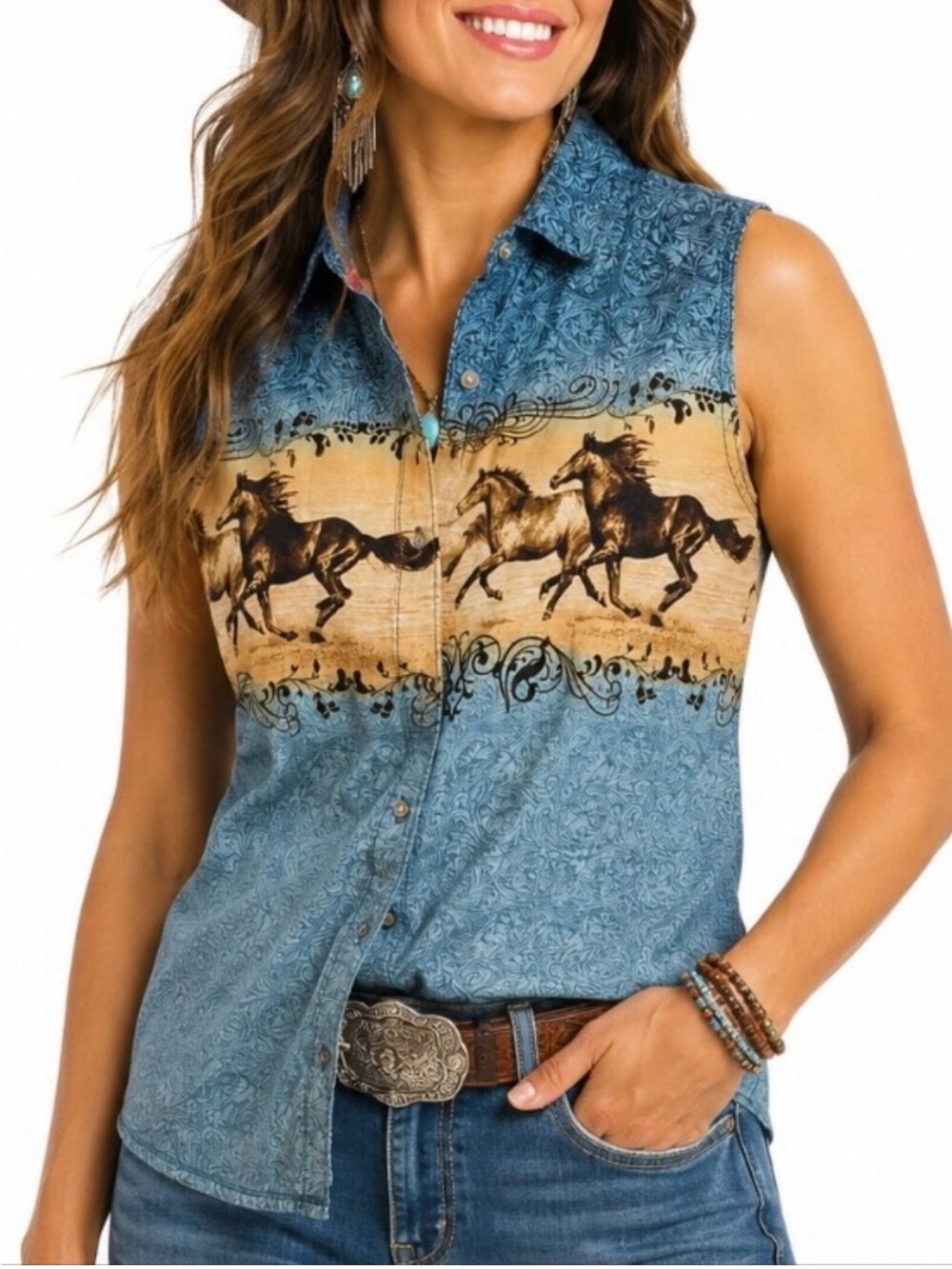 Legacy Falls Cowgirl Sleeveless Horse-Print Button-Down Shirt Western Sz M EUC